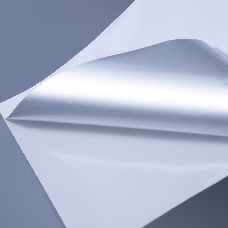 Etichetta autoadesiva in film di poliestere alluminato bianco lucido da 25 mic con adesivo acrilico a base acqua per stampa a getto d'inchiostro